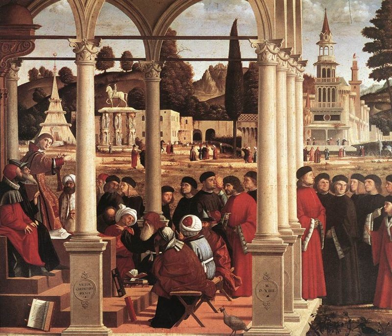 Der heilige Stephanus disputiert unter einer Säulenhalle mit einer Gruppe von Gelehrten