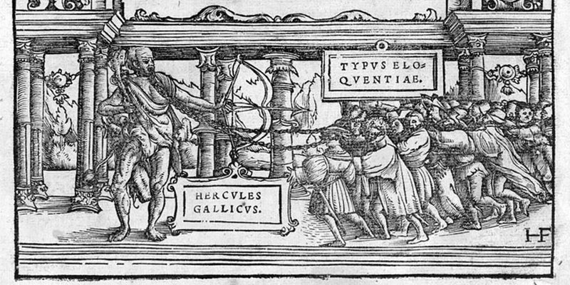 Holzschnitt: Hercules Gallicus führt eine Menschenmenge an Ketten, die von seiner Zunge zu ihren Ohren reichen