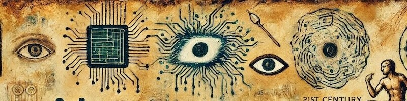 Bannière dans le style d'un ancien dessin sur parchemin : des yeux, une puce électronique et des circuits comme symboles de la logique